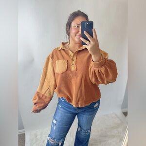 POL Pumpkin Spice Striped Cropped Oversized Button Down Top